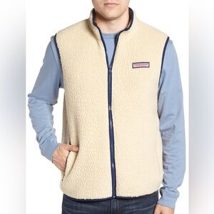 Vineyard Vines Shearling Vest + Navy Blue Piping Detail & Zipper-Mens M